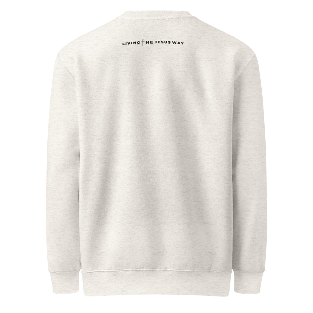 Oatmeal Heather Crewneck Sweatshirt with Living the Jesus Way dsign on back LTJW